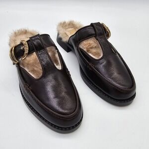 Dolce Vita Harlah Plush Mules Womens 6.5 Chocolate Leather Faux Fur Buckle Mules